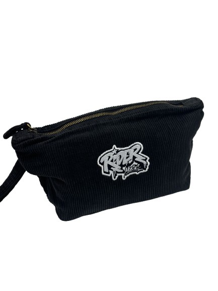 Rider Music Pochette en Velours Côtelé Effet Délavé Noir Logo Brodé Blanc