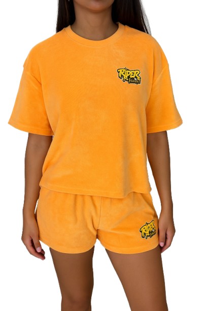 Rider Music Ensemble Oversize Éponge Femme Tee-Shirt & Short Abricot Logo Jaune