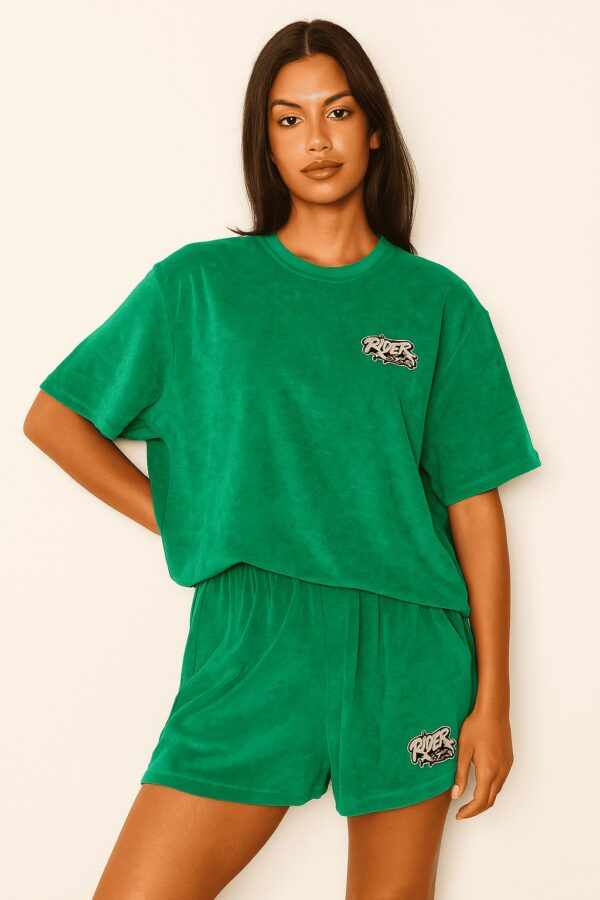 Rider Music Ensemble Éponge Femme Tee Shirt & Short Malachite Green Logo Gris