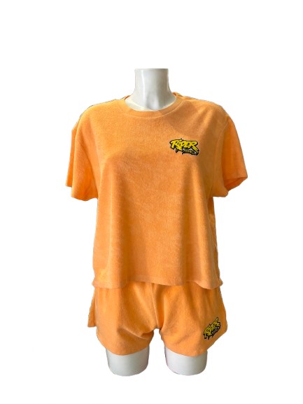 Rider Music Ensemble Oversize Éponge Femme Tee-Shirt & Short Abricot Logo Jaune